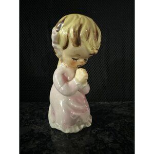 Vintage Lefton Ceramic Praying Girl Figurine In Pink Dress & Bow